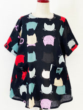 Button Neck Pullover - Colorful Cats Print - Black