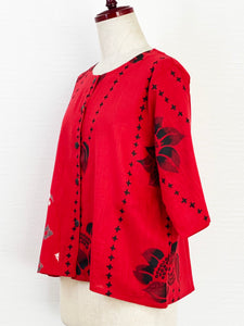 Crop Jacket - Lotus Flower Print - Red
