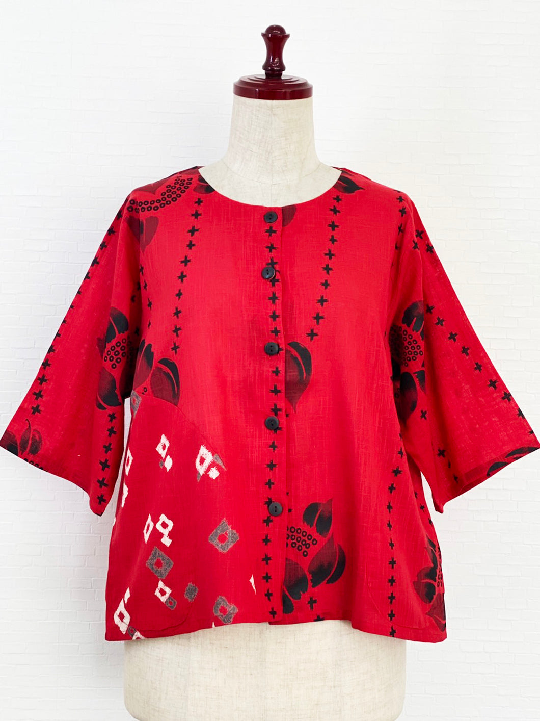 Crop Jacket - Lotus Flower Print - Red