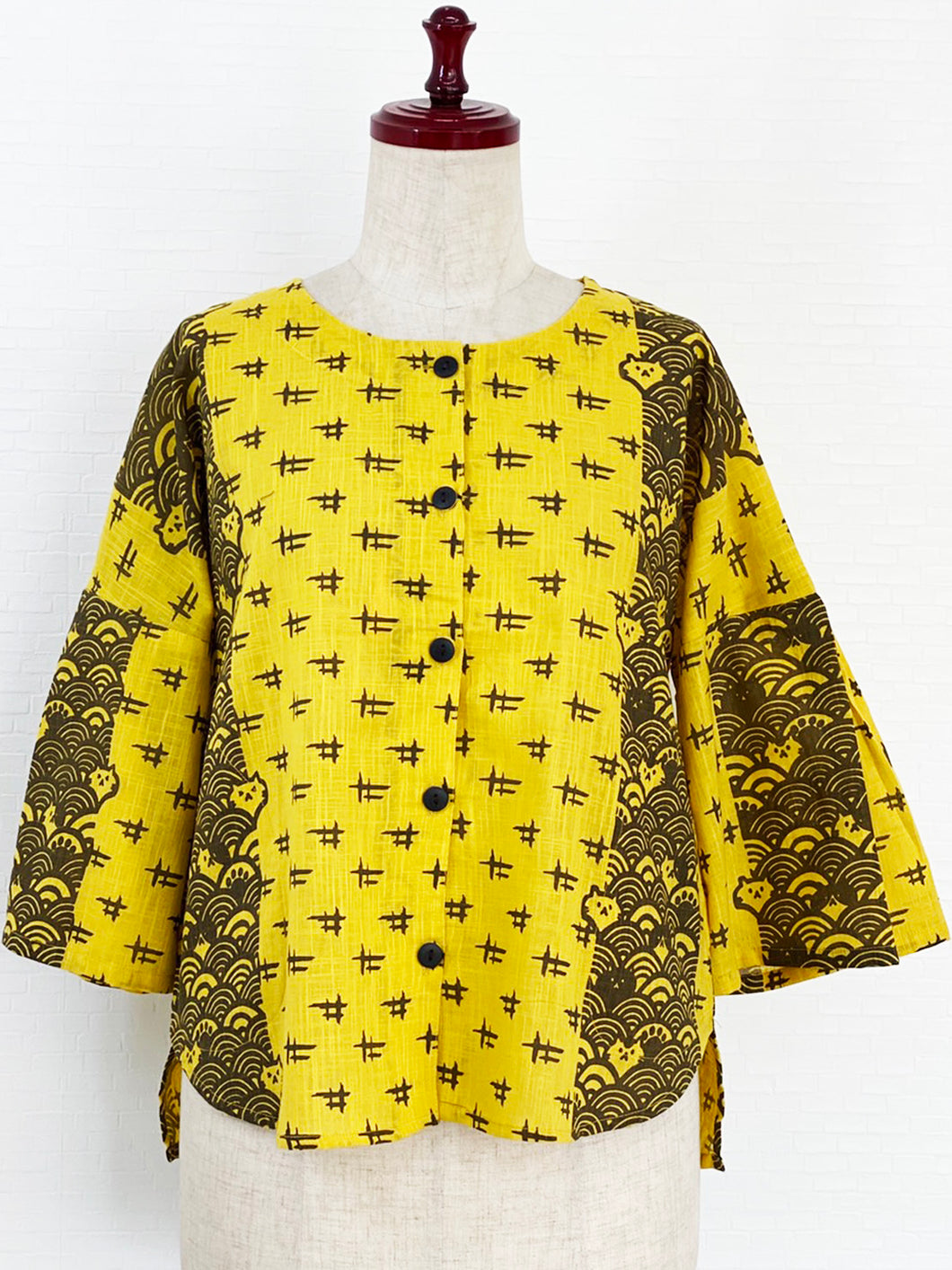 Crop Jacket - Cat Wave/Igeta Print - Mustard