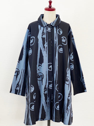 Round Collar Jacket - Prosperity Print - Dark Grey/Blue