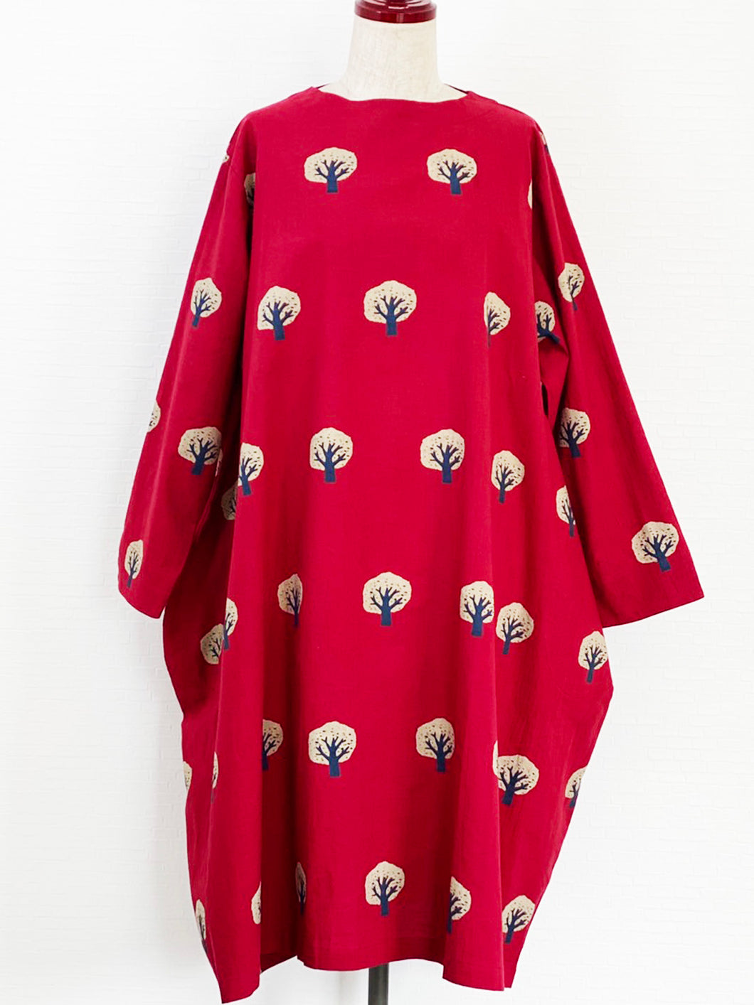 Long Sleeve Dress - Mini Tree Print - Red