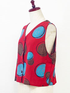 Tie Back Crop Vest - Textile Polka Dots Print - Red