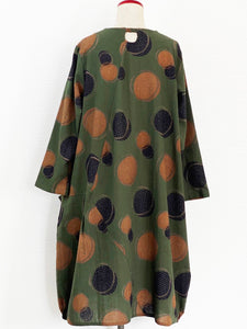 Button Neck Panel Dress - Textile Polka Dots Print - Green