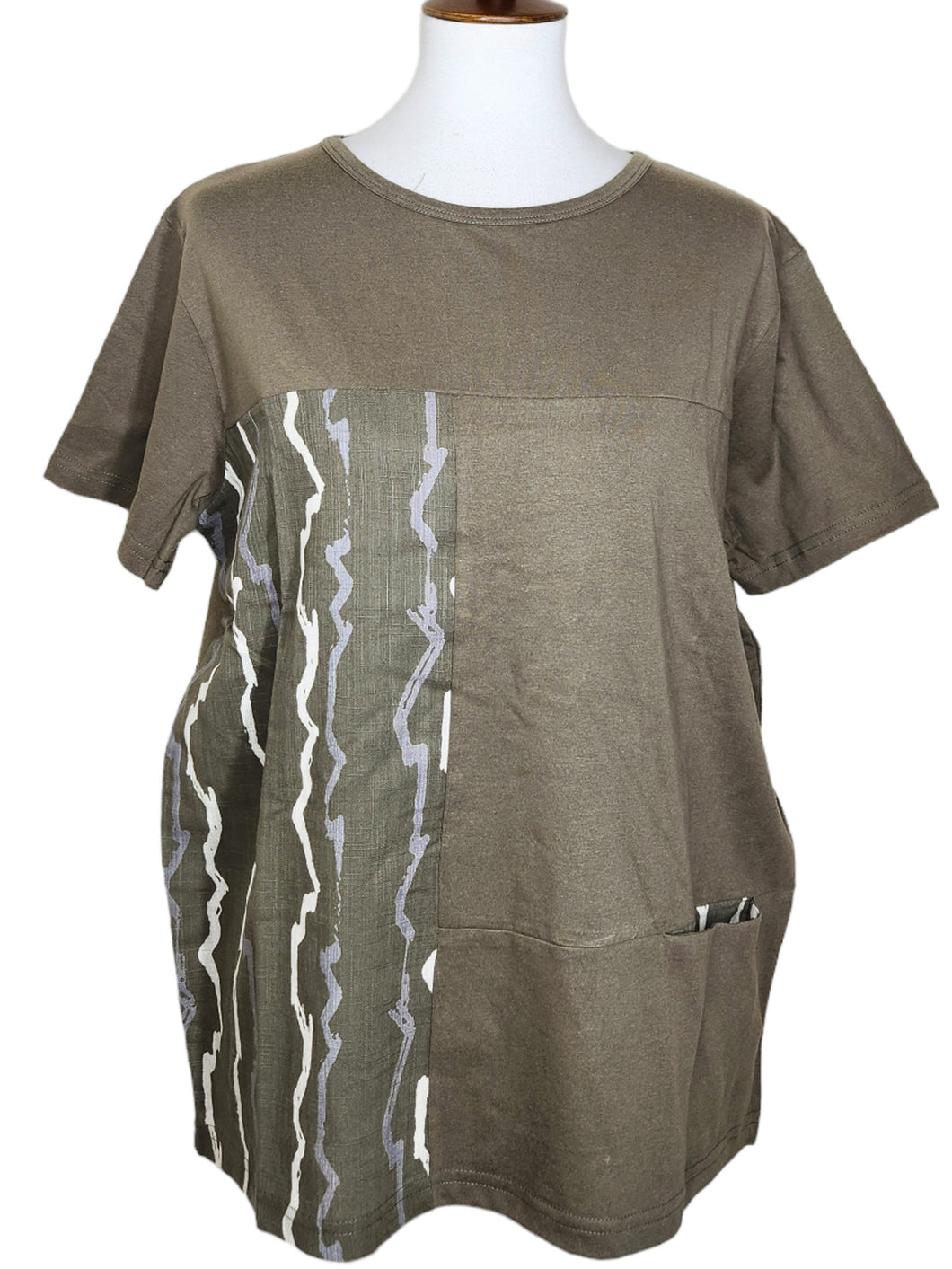 T-Top - Knit Solid/Wavy Stripes Print - Khaki