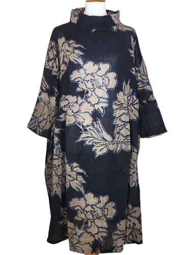 Cowl Neck Tuck Dress - Nostalgic Flower Print - Charcoal