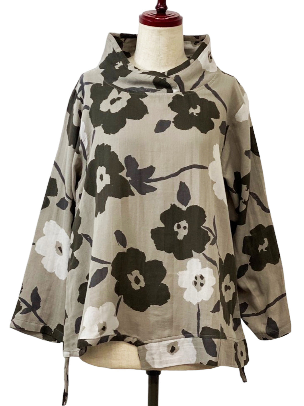 Drawstring Asymmetrical Pullover - Double Gauze - Floral Print - Beige