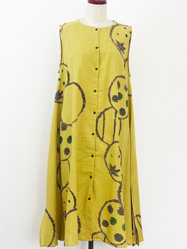 Button Front Sleeveless Dress - Fruitful Print - Mustard
