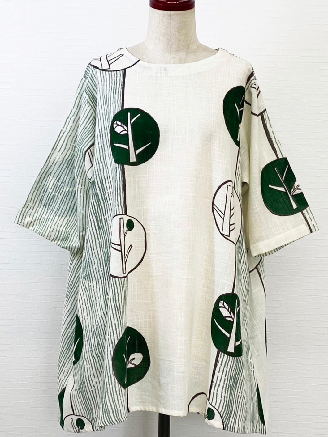 Gathered Neck Tunic - Bare Tree Bubble Print - Natural