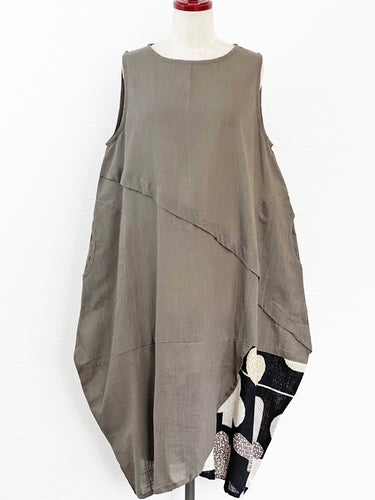 Sleeveless Panel Bubble Dress - Solid/Desert Print - Grey