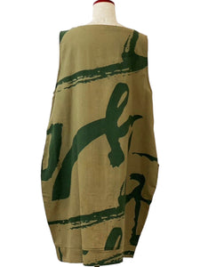 Sleeveless Pintuck Dress - Calligraphy Print - Light Brown