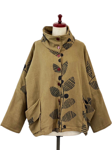 Cowl Neck Jacket - Fleece Lined - Laurel Print - Light Brown