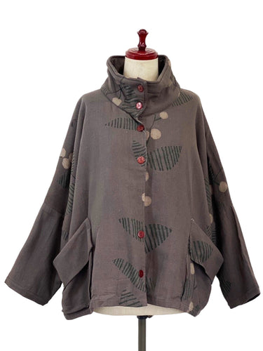 Cowl Neck Jacket - Fleece Lined - Laurel Print - Grey