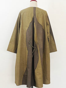 Tie Back Button Front Dress - Gradient Wave Print - Khaki