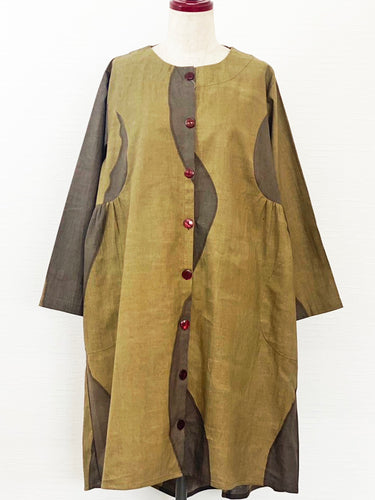 Tie Back Button Front Dress - Gradient Wave Print - Khaki