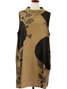 Sleeveless Panel Dress - Laurel Print - Light Brown