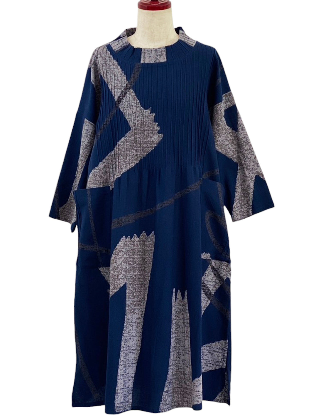 Tuck Dress - Abstract Paint Print - Dark Blue