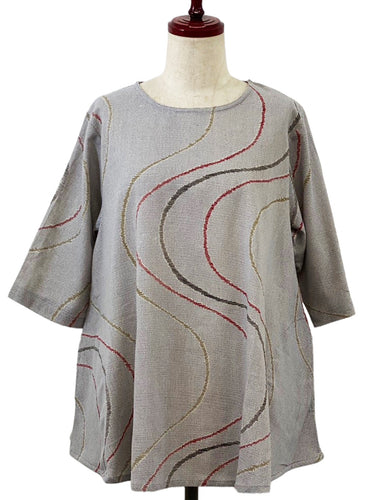 Simple Tunic - Twill Wavy Line Print - Light Grey