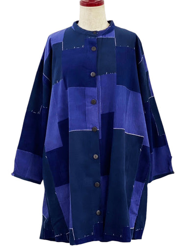 Long Jacket - Corduroy - Color Blocks Print - Dark Blue