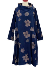 Cowl Neck Dress - Corduroy - Blossom Print - Dark Blue