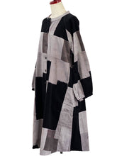 Button Front Dress - Corduroy - Color Blocks Print - Black