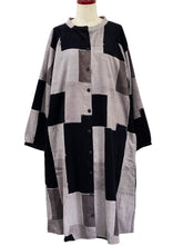 Button Front Dress - Corduroy - Color Blocks Print - Black
