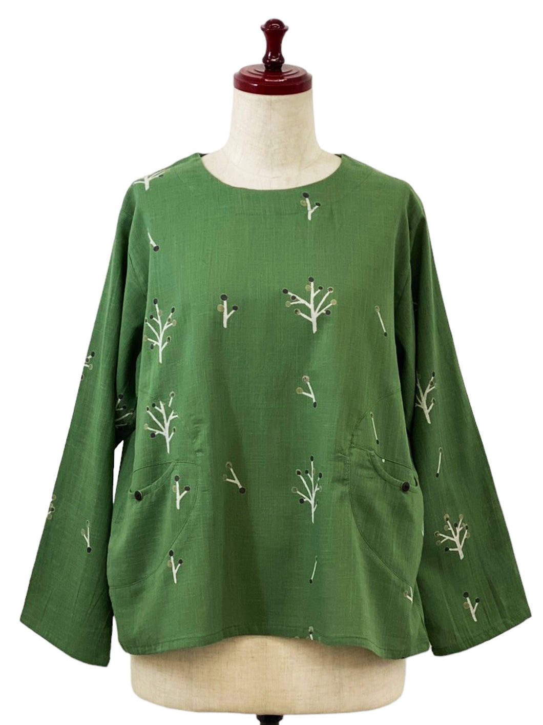 Circle Pocket Pullover - Tree Buds Print - Green