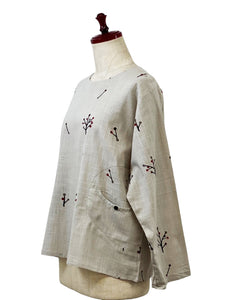 Circle Pocket Pullover - Tree Buds Print - Light Grey