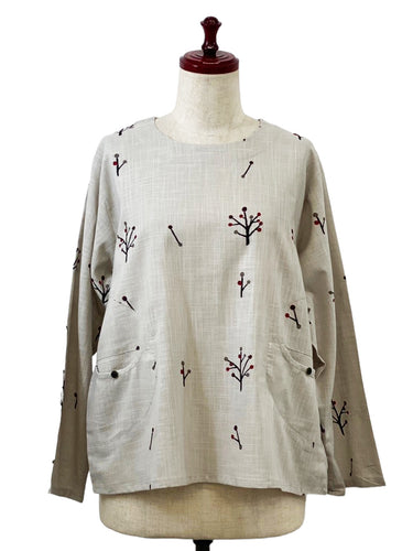 Circle Pocket Pullover - Tree Buds Print - Light Grey