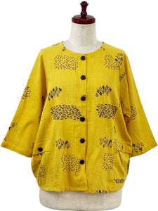 Gathered Bottom Crop Jacket - Flocks Print - Mustard