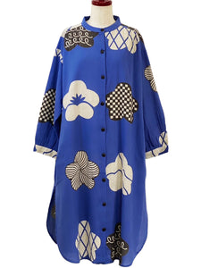 Button Front Dress - Ume Print - Blue