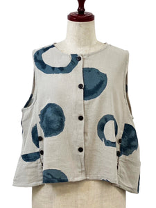 Button Accent Crop Vest - Watercolor Circles Print - Light Grey