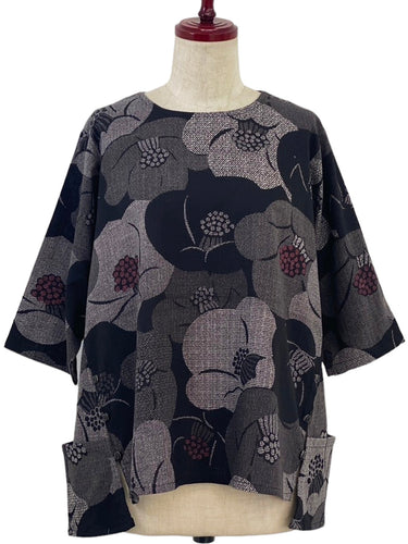 Button Accent Pullover - Camellia Print - Black