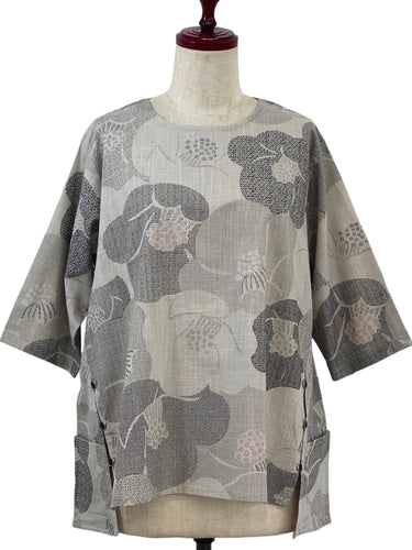 Button Accent Pullover - Camellia Print - Light Grey