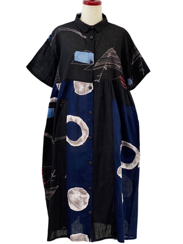 Collared Panel Dress - Wind Art/Watercolor Circles Print - Black