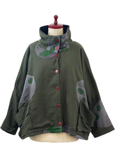 Cowl Neck Jacket - Fleece Lined - Multi Bubble Print - Dark Green