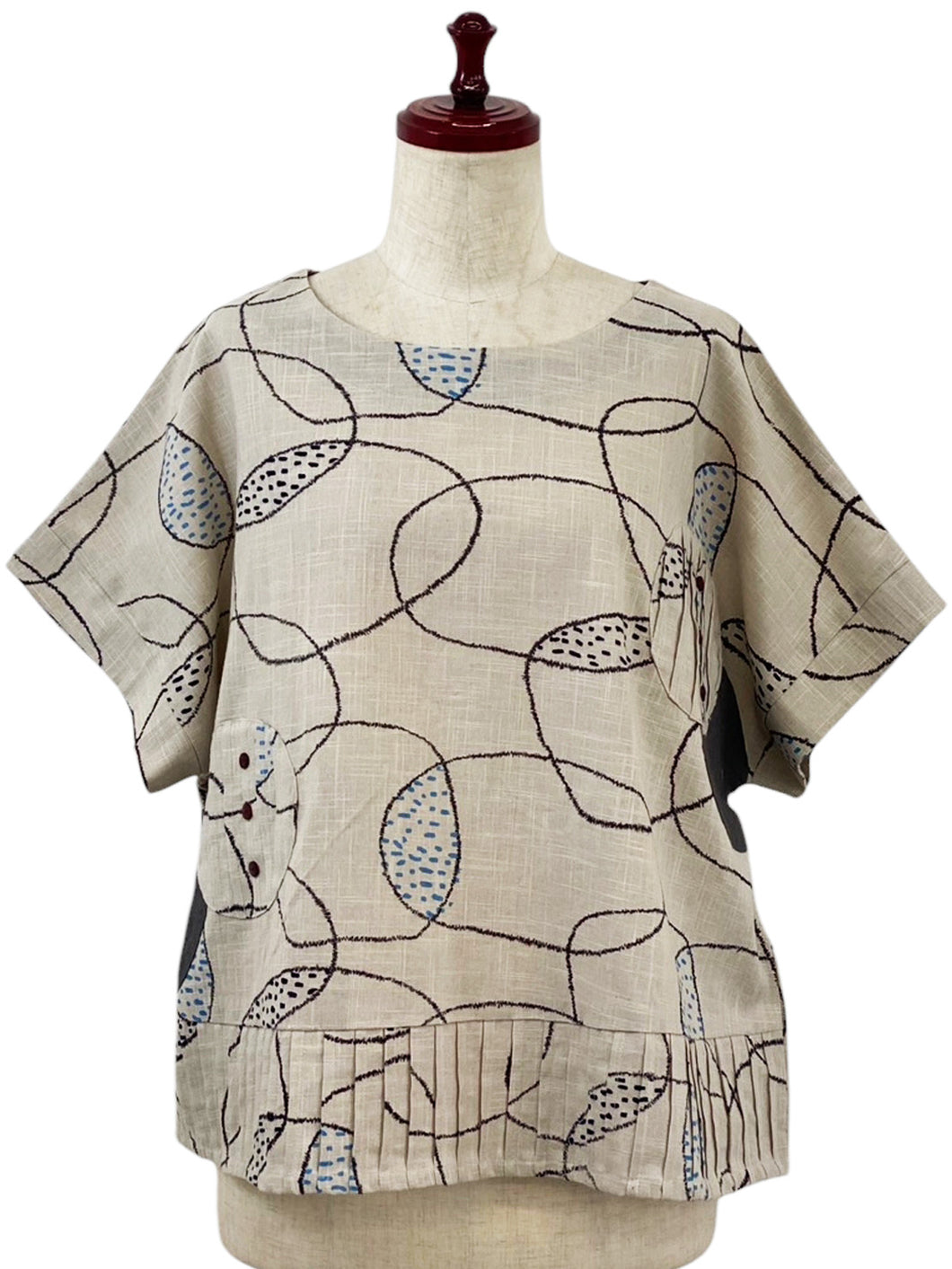 Circle Patch Top - Overlapping Ovals Print - Light Grey