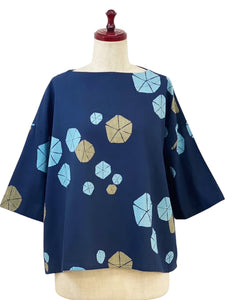 Back Button Pullover - Morning Glory Stamps Print - Dark Blue