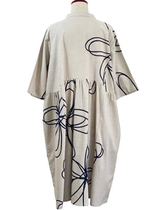 Button Front Dress - Pen Flower Print - Light Grey