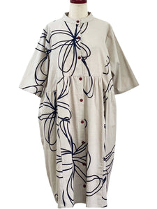 Button Front Dress - Pen Flower Print - Light Grey