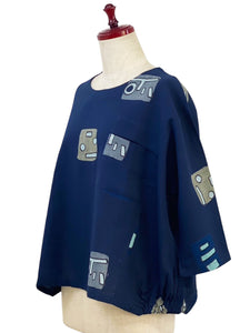 Gathered Pullover - Multi Textile Square Print - Dark Blue