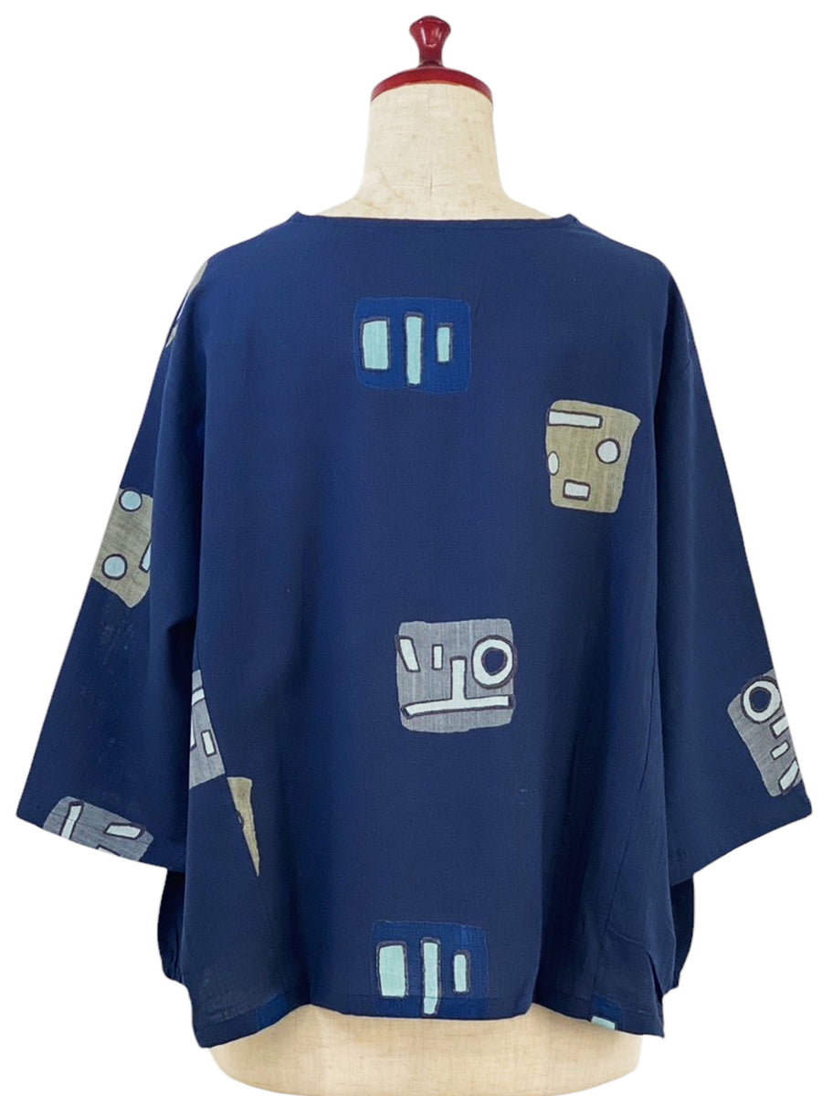 Gathered Pullover - Multi Textile Square Print - Dark Blue – Tapestries ...