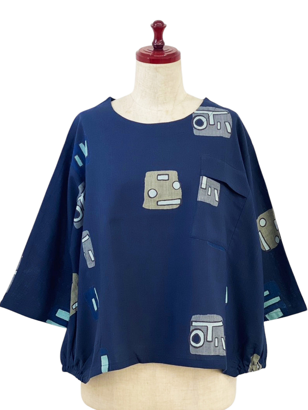 Gathered Pullover - Multi Textile Square Print - Dark Blue