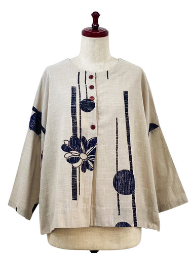 Half Button Pullover - Flower Line Print - Light Grey