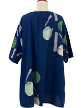Gathered Neck Tunic - Moon Branch Print - Dark Blue