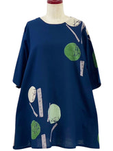 Gathered Neck Tunic - Moon Branch Print - Dark Blue
