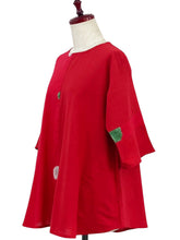 Slit Back Panel Pullover - Solid/Pompom Plants Print - Red