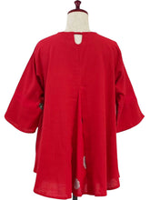 Slit Back Panel Pullover - Solid/Pompom Plants Print - Red