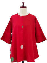 Slit Back Panel Pullover - Solid/Pompom Plants Print - Red
