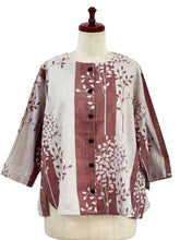 Tuck Sleeve Jacket - Ruscus Print - Light Grey/Maroon